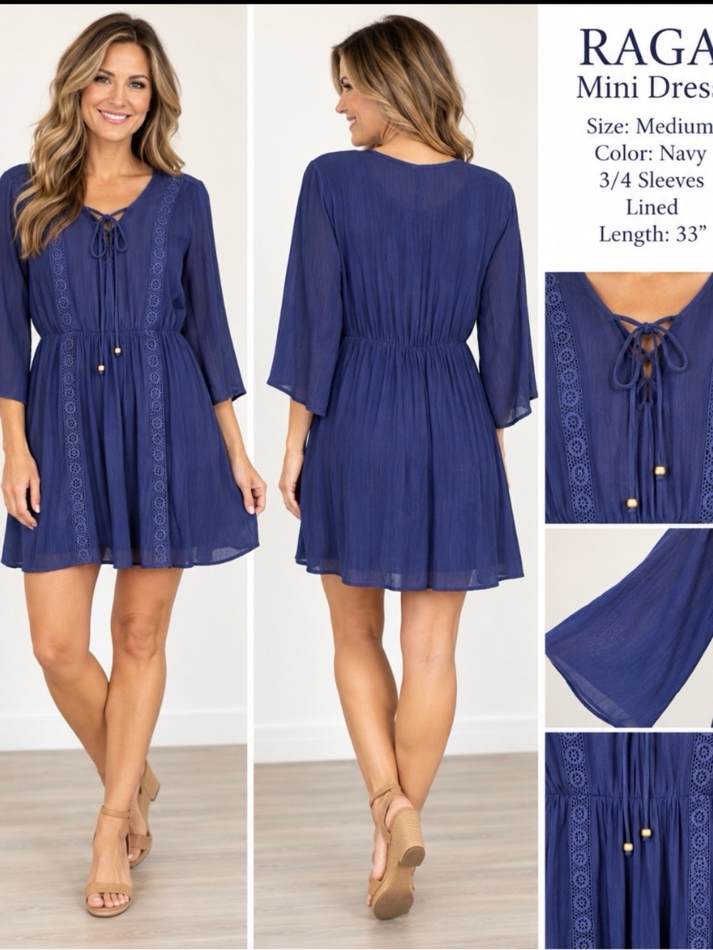 Raga Navy Dress Mini Size Medium Lined 3/4 sleeve Boho NEW Sample D202